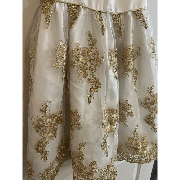 Girls Size 10 White Gold Formal Dress Floral Lace Rare Editions Flower Girl - Picture 3 of 7